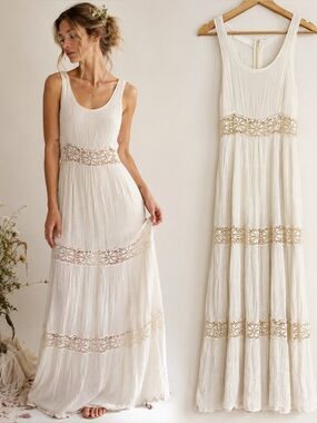 Clara Ibarguren Ivory Crochet Lace Gauze Maxi Dress Small Boho Prairie Fairy